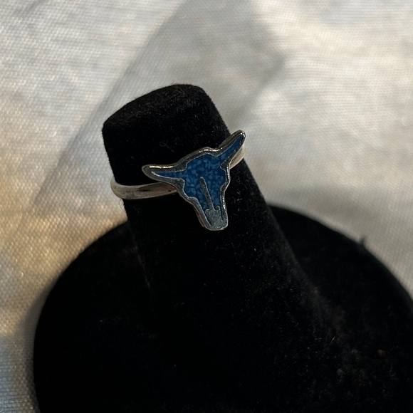 Silver Bull Head Ring with Blue Enamel - Picture 2 of 3